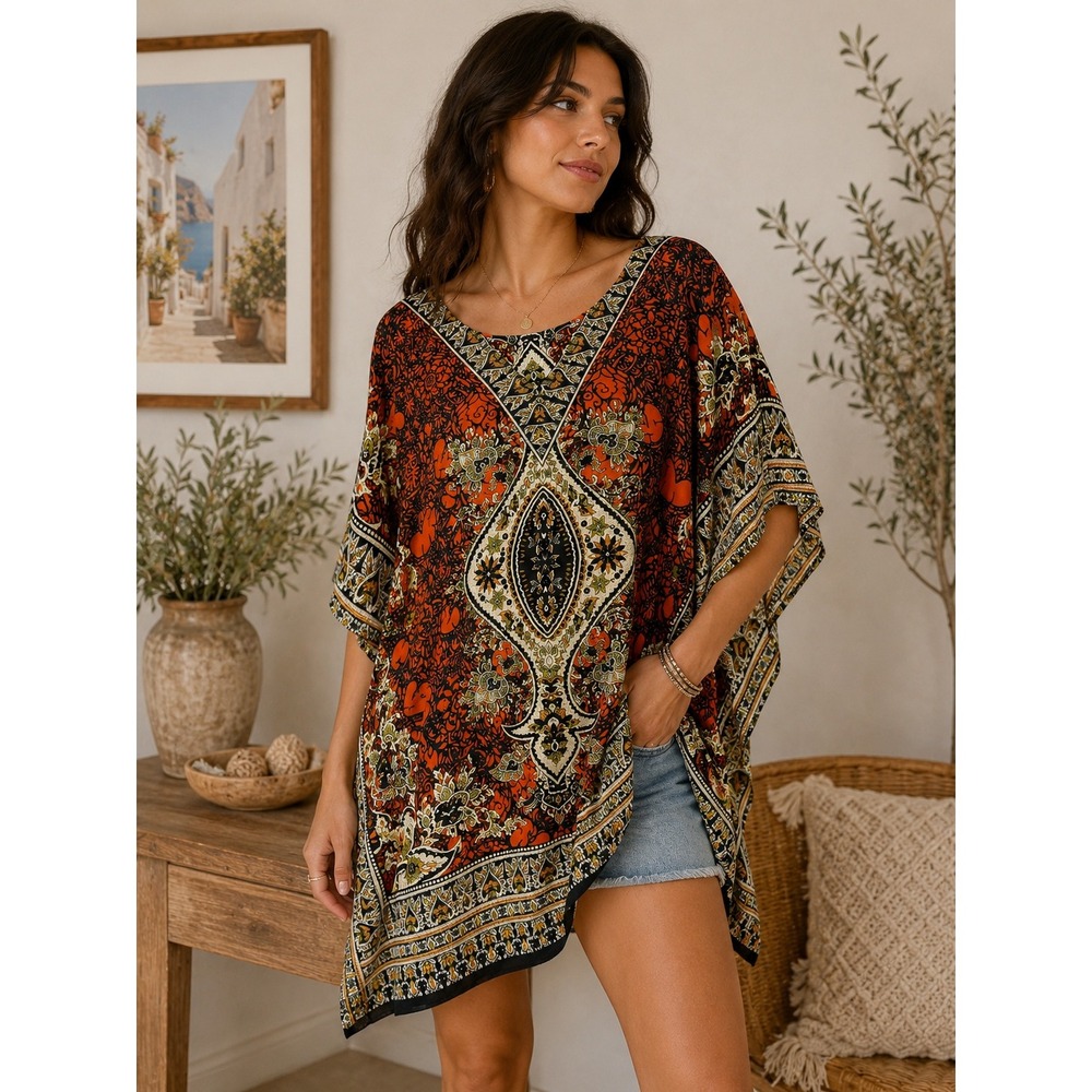 Boho Paisley Kaftan Tunic Top Orange Black‎ Festival Resort Cover Up